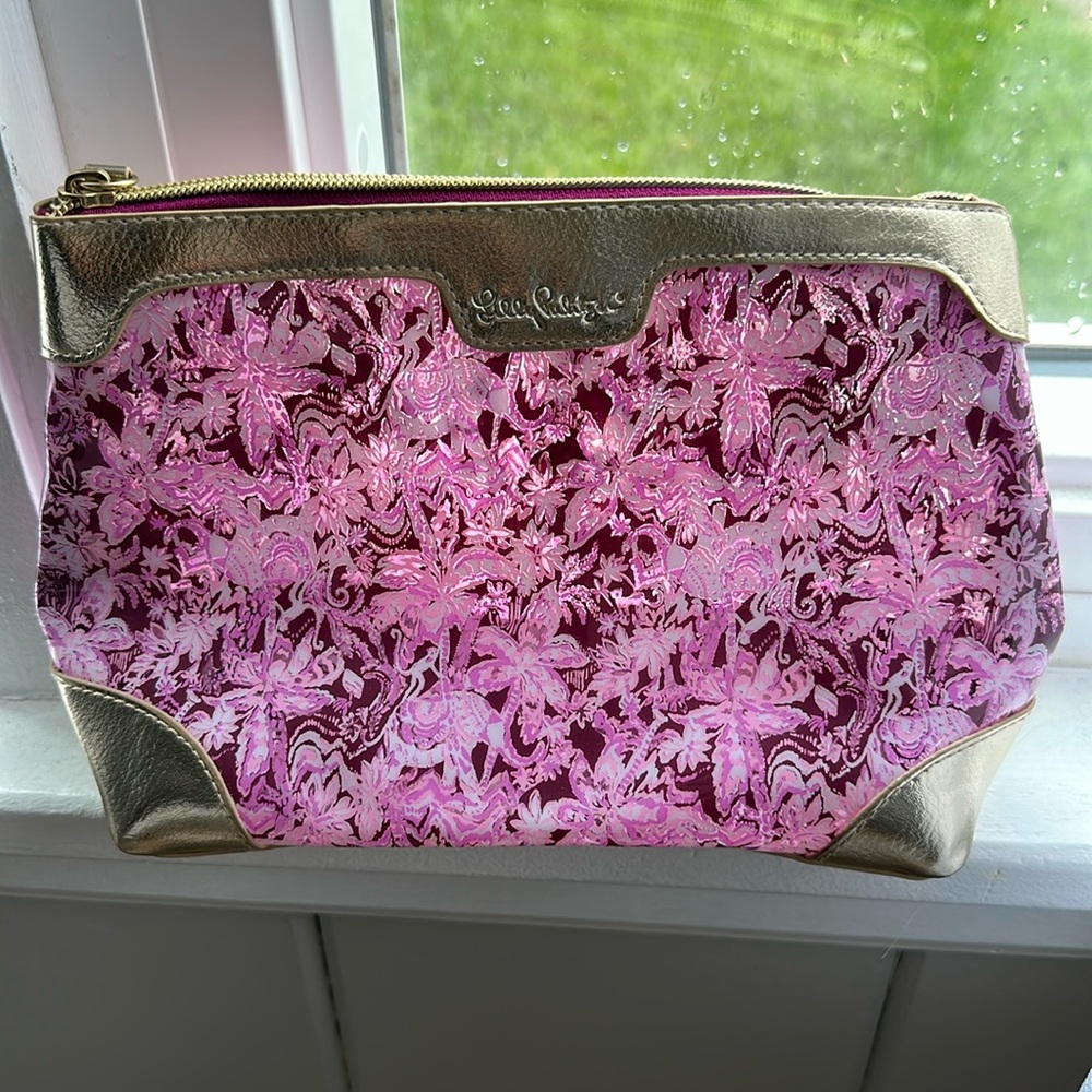 Lilly Pulitzer, pink gold floral cosmetic bag 9 x 6.5